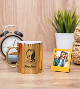 Atatürk Siluetli Gold Kupa Bardak ve Sarı Mini Fotoğraf Çerçevesi