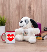 Sevgiliye Hediye İsim Yazılı Kalpli Kırmızı Kupa Bardak ve Peluş Köpek