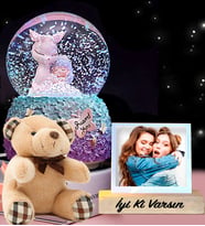 Kişiye Özel Fotoğraflı İyi Ki Varsın Ceylanım Işıklı Müzikli Kar Küresi & Peluş Ayıcık