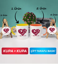 İkili Sarı Turuncu Love Tasarımlı Sevgililer Günü Hediyesi Kupa Bardak Anahtarlık