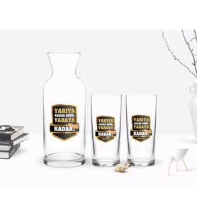 BK Gift Kişiye Özel Renkli Baskılı Yarıya Kadar Değil Yaraya Kadar Tasarımlı İkili Rakı Bardağı ve Karaf Hediye Seti-5 (Model 1)