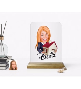 BK Gift Kişiye Özel Kadın Emlakçı Karikatürlü Ahşap Standlı Çerçeve (Beyaz)