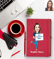 Kişiye Özel Bayan Karikatürlü Kırmızı Defter Kalem Hediye Seti Model-12