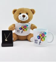 İyiki Doğdun Baskılı Peluş Ayıcık Kupa Ve  Kelebek Kolye
