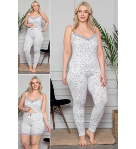 MyBen Büyük Beden Beyaz Renkli Dantel Detaylı Şortlu ve Taytlı Pijama Takımı 3'lü Set 80007