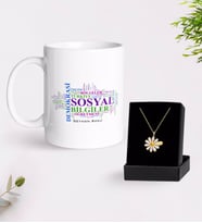 BK Gift Kişiye Özel Sosyal Bilgiler Öğretmeni Beyaz Kupa ve Papatya Kolye Hediye Seti-1 (Model 1)