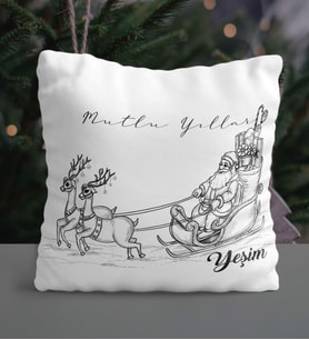 Kişiye Özel Mutlu Yıllar Noel Baba Temalı Saten Yastık (Beyaz)