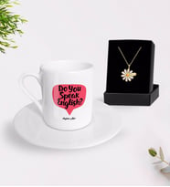 BK Gift Kişiye Özel İngilizce Öğretmeni Türk Kahvesi Fincanı ve İsimli Papatya Kolye Hediye Seti-14 (Model 1)