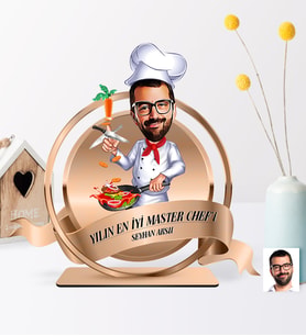 BK Gift Kişiye Özel Yılın En İyi Bay Chef'i Karikatürlü 3D Ahşap Biblo Plaket - 1