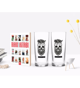 BK Gift Kişiye Özel Renkli Baskılı Erkek Kurukafa Tasarımlı İkili Rakı Bardağı ve Rakı Cep Kitabı Hediye Seti-2 (Model 1)