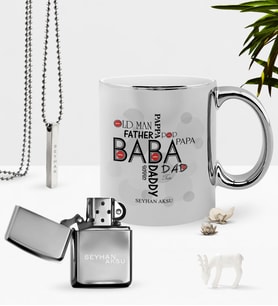 BK Gift Kişiye Özel Baba Krom Kupa Benzinli Çakmak Kolye Seti (Model 1)