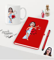 BK Gift Kişiye Özel Bayan Avukat Karikatürlü Kırmızı Defter Kalem Kupa Seti - 1 (Model 1)