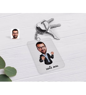 BK Gift Kişiye Özel Amca Karikatürlü Şeffaf Pleksi Anahtarlık (Beyaz)