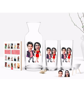 BK Gift Kişiye Özel Renkli Baskılı Sevgililer Karikatürlü İkili Rakı Bardağı Karaf ve Cep Kitabı Hediye Seti-4 (Model 1)