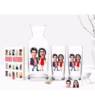 BK Gift Kişiye Özel Renkli Baskılı Sevgililer Karikatürlü İkili Rakı Bardağı Karaf ve Cep Kitabı Hediye Seti-4 (Model 1)