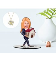 BK Gift Kişiye Özel Kadın Emlakçı Karikatürlü 3D Ahşap Biblo ve İsimli Tarihli Papatya Kolye Seti-1 (Model 1)
