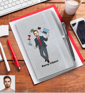 Kişiye Özel Patron Karikatürlü Gri Defter Kalem Hediye Seti Bay-1
