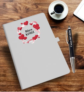 Kişiye Özel Kalp Desen Baskılı İsme Özel Defter ve Kalem