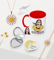 Kadınlara Özel Karikatürlü Kupa Çiçekli Ayna Papatya Kolye Bileklik Seti - 1 (Model 1)