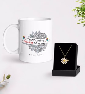 BK Gift Kişiye Özel Teknoloji ve Tasarım Öğretmeni Beyaz Kupa ve Papatya Kolye Hediye Seti (Model 1)