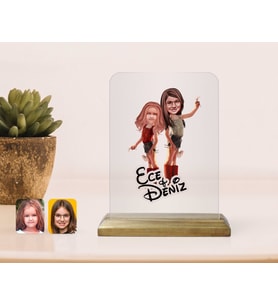 BK Gift Kişiye Özel Kız Kardeşler Karikatürlü Ahşap Standlı Çerçeve-5 (Beyaz)