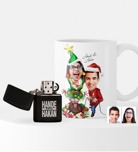BK Gift Kişiye Özel Yılbaşı Temalı Sevgililer Karikatürlü Çakmak ve Kupa Seti - 1