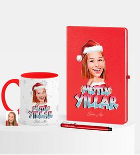 BK Gift Kişiye Özel Yılbaşı Temalı Bayan Karikatürlü Kırmızı Defter Kalem Kupa Seti - 5