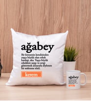 Ağabey Kelime Anlamı Kare Yastık ve Beyaz Kupa Bardak