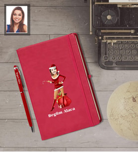 Kişiye Özel Yılbaşı Bayan Karikatürlü Kırmızı Defter Kalem Hediye Seti Model-8