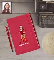 Kişiye Özel Yılbaşı Bayan Karikatürlü Kırmızı Defter Kalem Hediye Seti Model-8