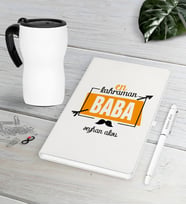 BK Gift Kişiye Özel En Kahraman Baba Beyaz Defter Kalem Termos Mug Seti (Model 1)