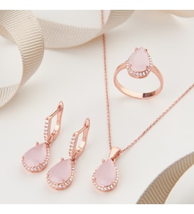 925 Ayar  Rose Kaplama Pembe Kuvars Taşlı Damla Montür Üçlü Gümüş Set