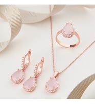 925 Ayar  Rose Kaplama Pembe Kuvars Taşlı Damla Montür Üçlü Gümüş Set