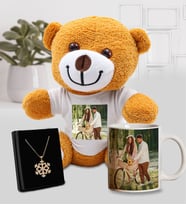Kişiye Özel Fotoğraflı Peluş Ayıcık & Fotoğraflı Kupa & Gold Renk Kar Tanesi Kolye Hediye Seti