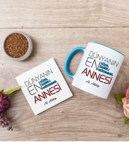 Dünyanın En İyi Annesi Mavi Kupa Bardak Ve Bardak Altlığı Seti
