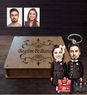 Kişiye Özel  Seksenler Siyah Önlük Karikatürlü Ahşap Anahtarlık Kutulu Sevgili-1