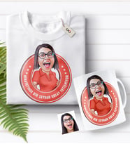BK Gift Kişiye Özel Bayan Kolay Yetişmiyor Karikatürlü Beyaz Tişört ve Kupa Seti-3 (Model 1)