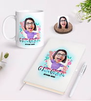 BK Gift Kişiye Özel Kadınlar Günü O Bir Çiçek Karikatürlü Beyaz Defter Kalem ve Kupa Seti-1 (Model 1)