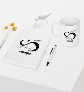 BK Gift Kişiye Özel Atatürk Temalı Beyaz Defter Kalem Kupa Seti - 5
