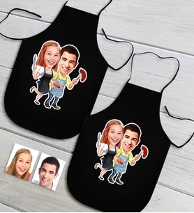 BK Gift Kişiye Özel İkili Aşçı Çift Karikatürlü Siyah Mutfak Önlüğü Seti-2