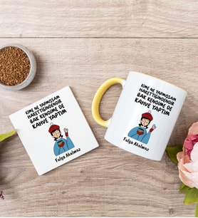 Bak Kendime De Kahve Yaptım Sarı Kupa Bardak ve Anahtarlık Set