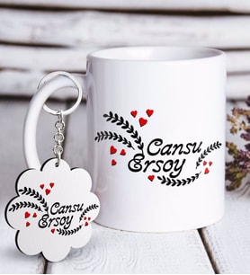 BK Gift Kişiye Özel Sevgililer Günü Beyaz Kupa ve Anahtarlık Hediye Seti-31 (Model 1)
