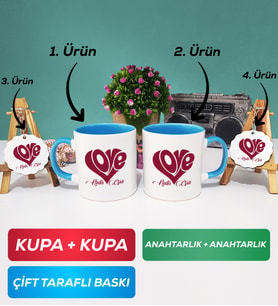 İkili Mavi Love Tasarımlı Sevgililer Günü Hediyesi Kupa Bardak Anahtarlık