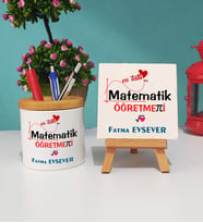 Mesajlı Matematik Öğretmeni Kalemlik ve Dekoratif Taş Baskı Hediye Seti