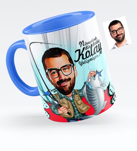 BK Gift Kişiye Özel Bay Balıkçı Karikatürlü Mavi Kupa Bardak  1
