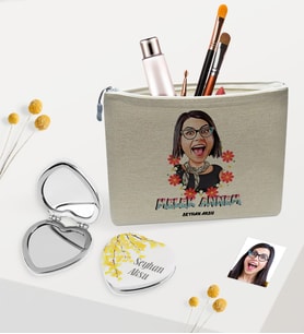 BK Gift Kişiye Özel Melek Annem Karikatürlü Keten Makyaj Çantası ve Kalp Ayna Seti (Model 1)