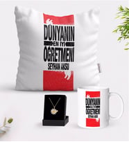 BK Gift Kişiye Özel Dünyanın En İyi Öğretmeni Beyaz Kupa Yastık ve İsimli Papatya Kolye Hediye Seti-1 (Model 1)