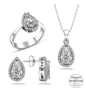 Swarovski Taşlı Damla Gümüş Kolye Küpe Yüzük Set Sertifikalı