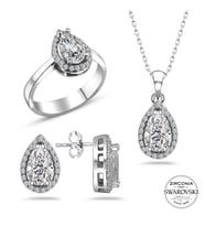 Swarovski Taşlı Damla Gümüş Kolye Küpe Yüzük Set Sertifikalı