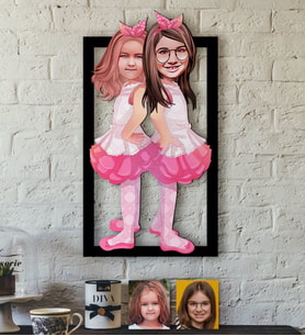 BK Gift Kişiye Özel Kız Kardeşler Karikatürlü 3D Ahşap Tablo-3 (Beyaz)